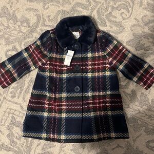 GAP Navy Plaid Kids Pea Coat with Faux Fur Collar